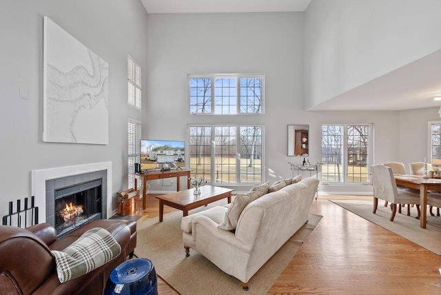 living room featuring a high ceiling, light wood-type flooring, and a fireplace