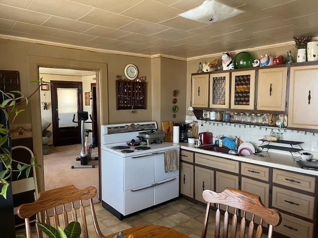 kitchen featuring ornamental molding, white electric range oven, backsplash, and sink