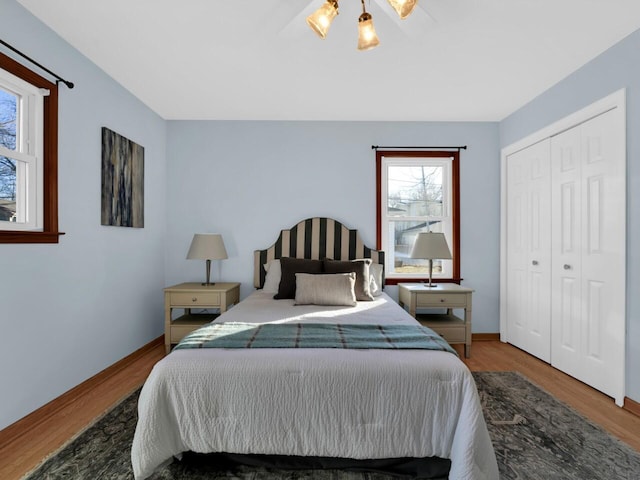 bedroom with wood-type flooring and a closet