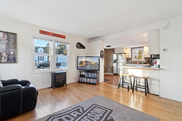 living room featuring sink, light wood-type flooring, and a wood stove