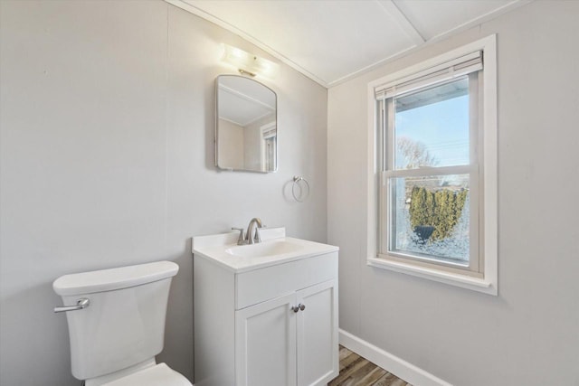 bathroom featuring toilet, wood-type flooring, and vanity