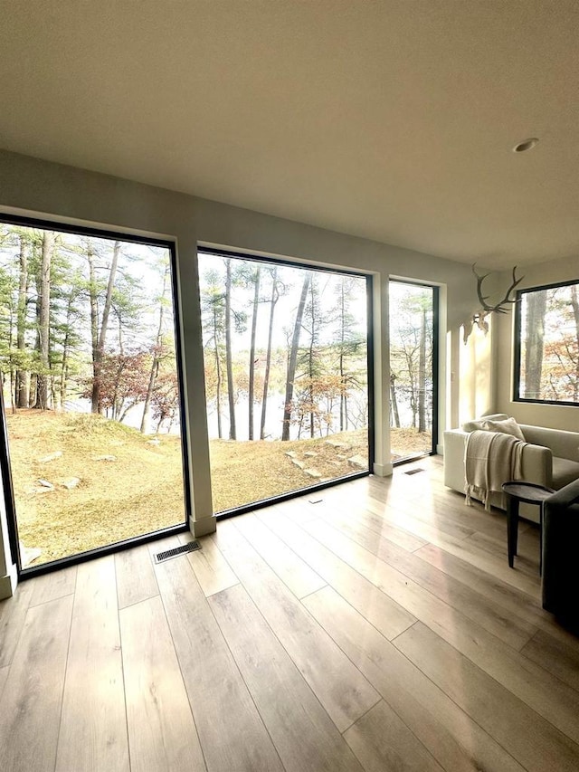 unfurnished sunroom featuring a healthy amount of sunlight and a water view