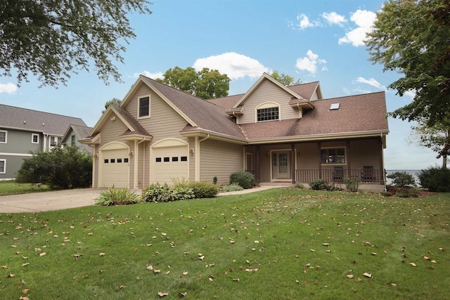 view of front facade featuring a front yard, a garage, and a porch