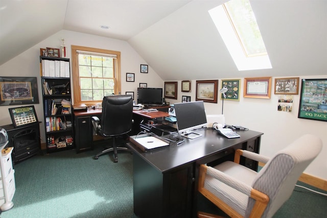 office featuring lofted ceiling with skylight and carpet flooring