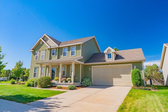 view of front of house featuring a garage, covered porch, and a front lawn