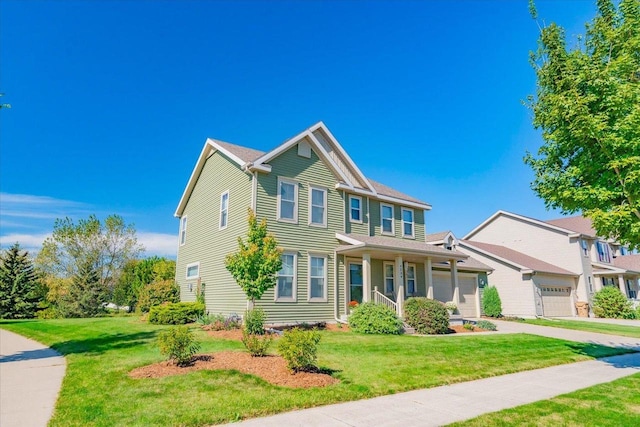 view of front of home featuring a porch, a garage, and a front lawn