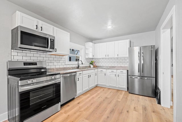 kitchen with stainless steel appliances, sink, white cabinetry, light hardwood / wood-style flooring, and backsplash