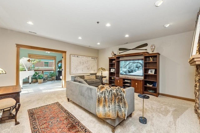 living room with light colored carpet