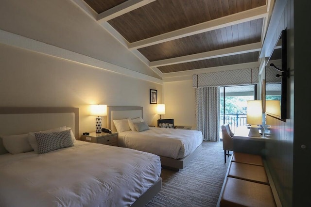 bedroom featuring wood ceiling, carpet flooring, access to exterior, and vaulted ceiling with beams