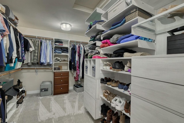 spacious closet featuring light colored carpet