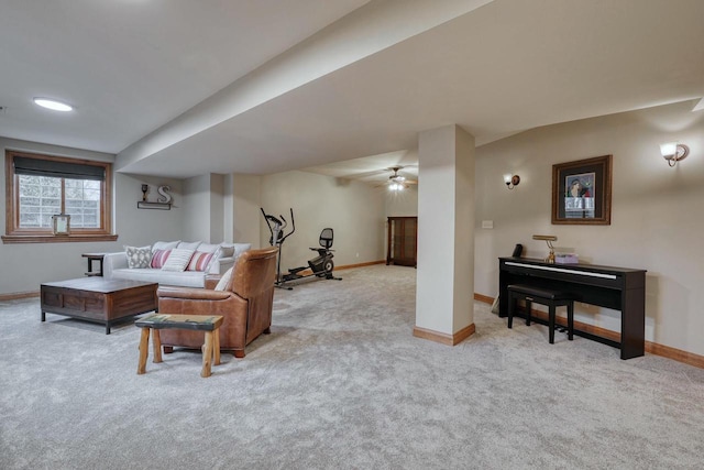 living room with light carpet and ceiling fan