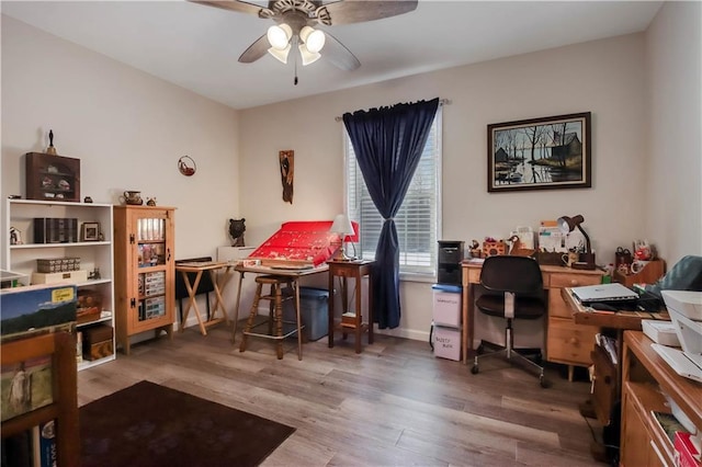 office with ceiling fan and hardwood / wood-style flooring