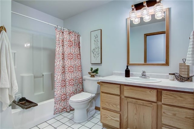 full bathroom featuring toilet, tile patterned flooring, shower / bathtub combination with curtain, and vanity