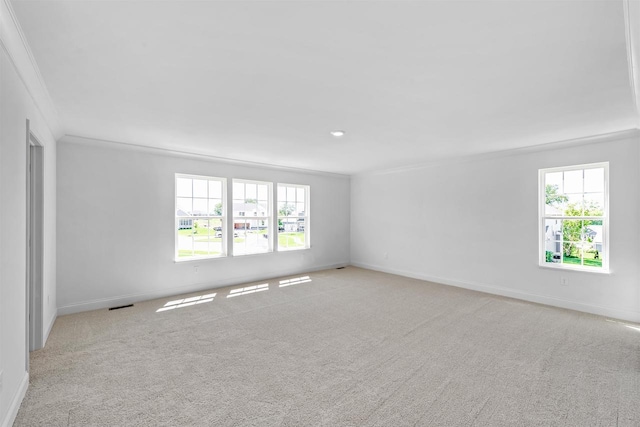 carpeted spare room featuring plenty of natural light and crown molding