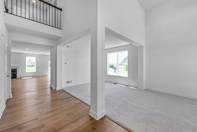 entryway featuring a high ceiling and light hardwood / wood-style flooring