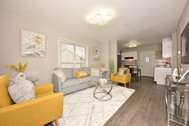 living room featuring dark wood-type flooring and wine cooler