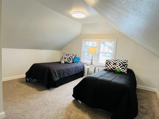 carpeted bedroom featuring vaulted ceiling