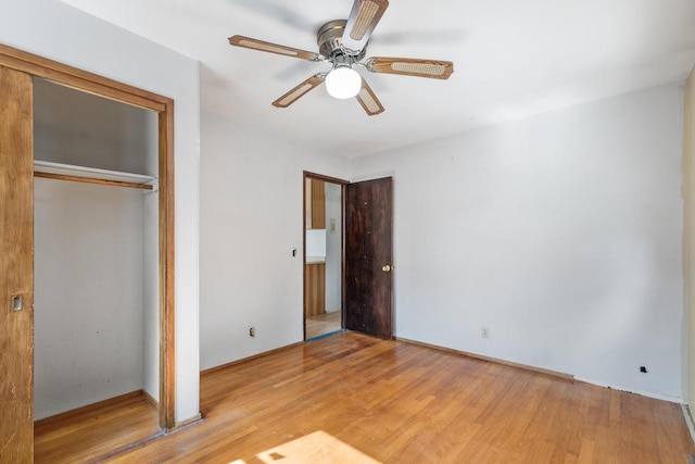 unfurnished bedroom featuring a closet, ceiling fan, and light hardwood / wood-style floors