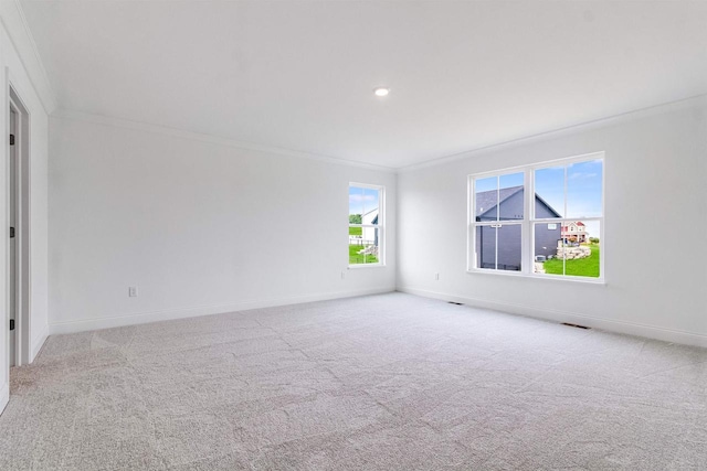 carpeted empty room featuring ornamental molding