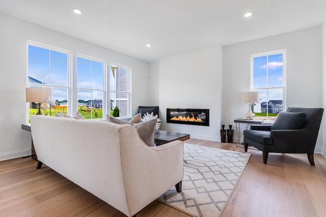 living room with light hardwood / wood-style flooring and a wealth of natural light