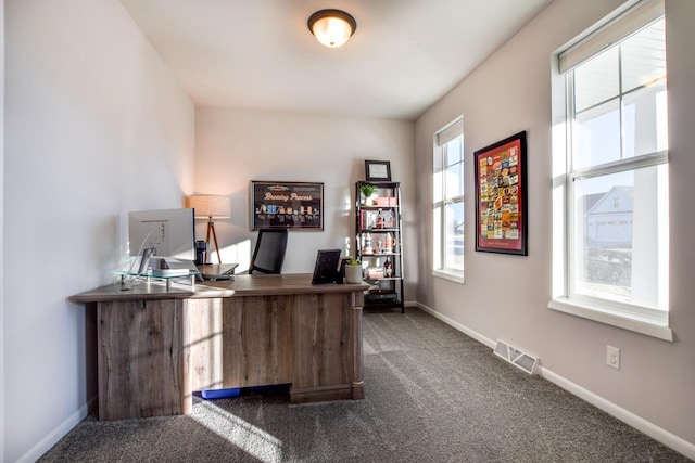 home office featuring dark carpet