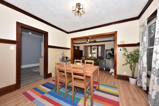 dining area with crown molding, light wood-type flooring, ceiling fan, and a textured ceiling