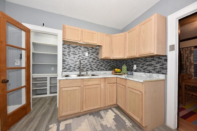 kitchen with sink, wood-type flooring, decorative backsplash, and light brown cabinetry