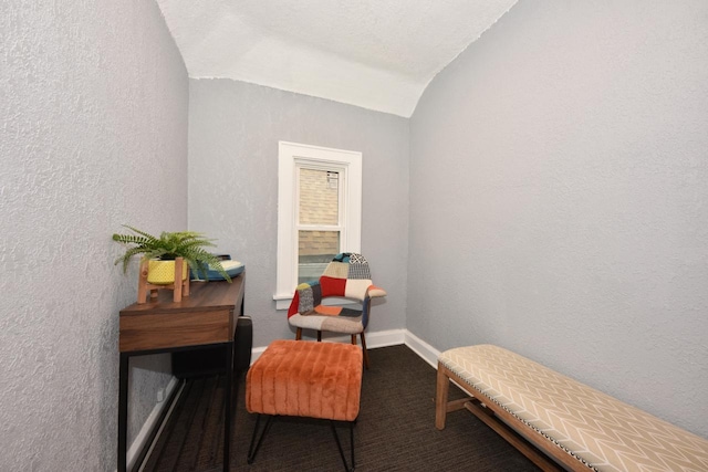 living area featuring vaulted ceiling and carpet floors