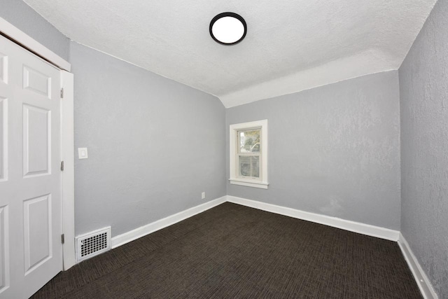 empty room with lofted ceiling, a textured ceiling, and carpet floors