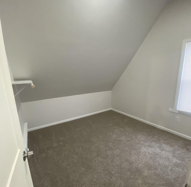 additional living space featuring lofted ceiling and dark carpet