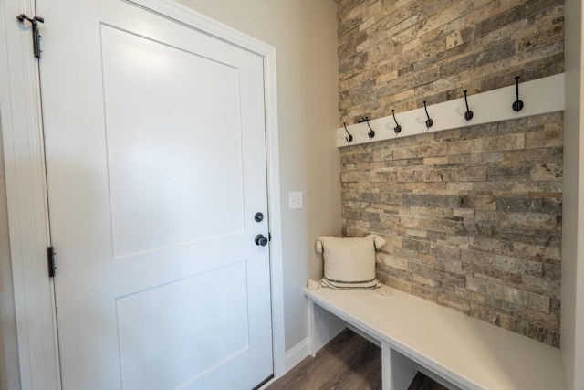 mudroom featuring dark wood-type flooring