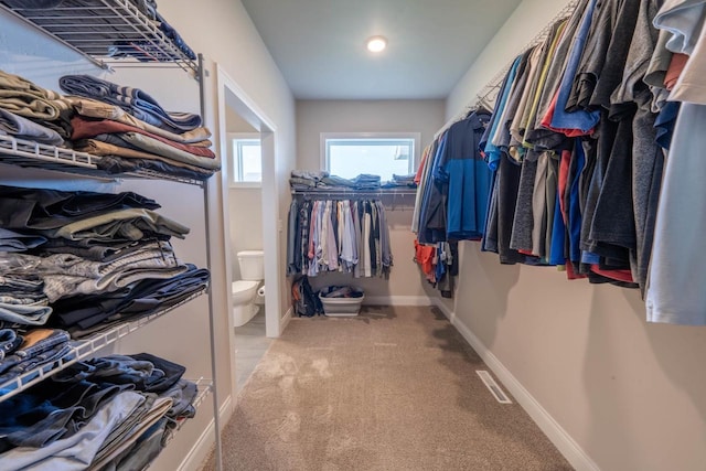 spacious closet featuring light carpet