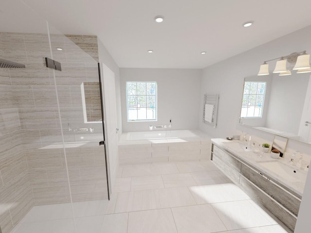 bathroom featuring tile patterned floors, separate shower and tub, and vanity