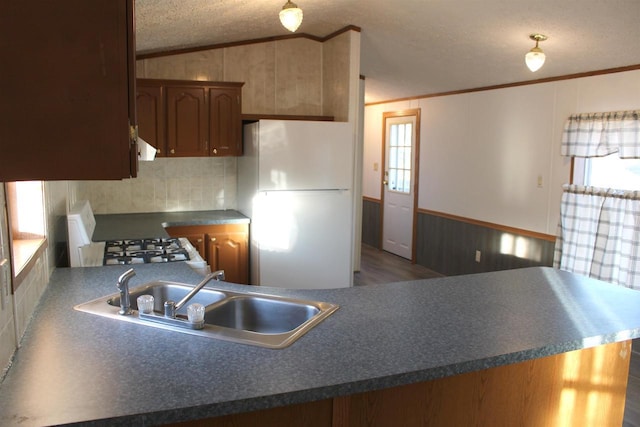 kitchen featuring white refrigerator, sink, a textured ceiling, ornamental molding, and stove