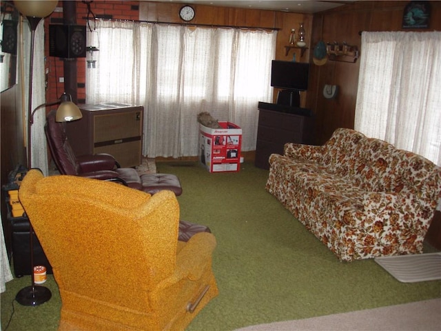 88270 County Highway F, Butternut, WI 54514 - living room featuring wood walls and carpet floors