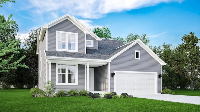 view of front of house featuring a shingled roof, concrete driveway, and a front yard