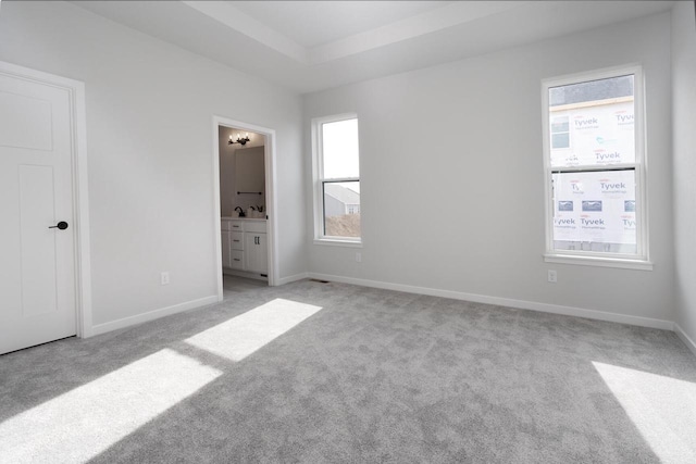 unfurnished bedroom with sink, light carpet, ensuite bath, and a tray ceiling