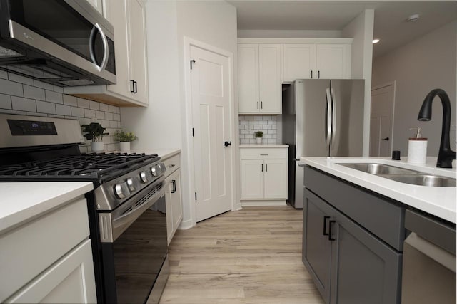 kitchen featuring sink, gray cabinets, appliances with stainless steel finishes, white cabinetry, and backsplash