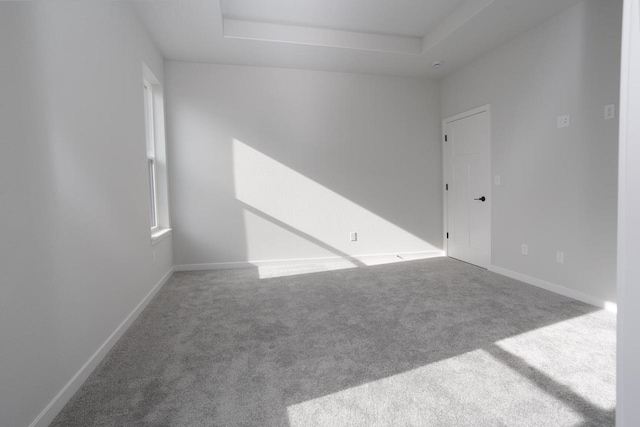 carpeted spare room with a tray ceiling