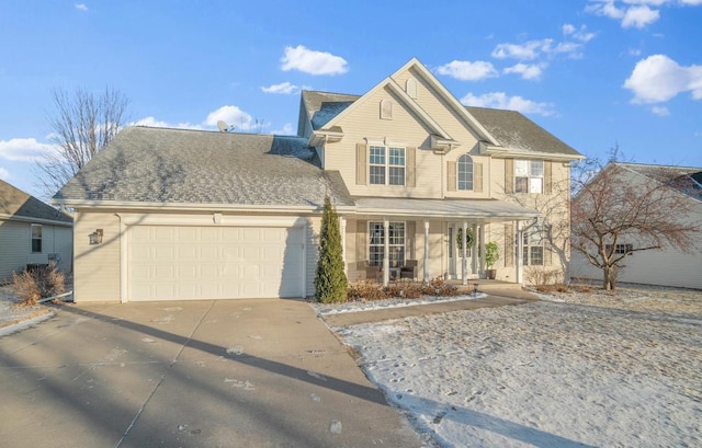 view of front of home with a porch and a garage