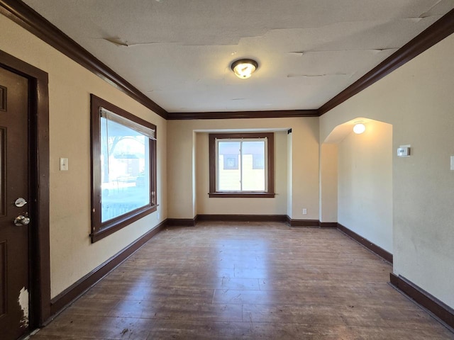 spare room with dark wood-type flooring, ornamental molding, and a wealth of natural light