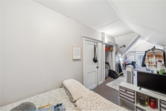 carpeted bedroom with lofted ceiling