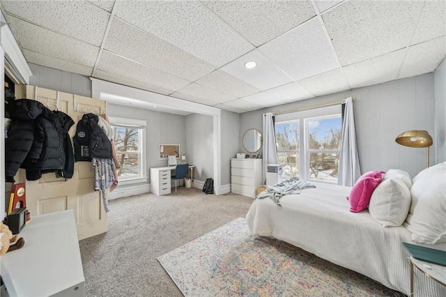 bedroom featuring carpet and a drop ceiling