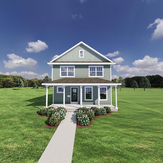 view of front facade featuring covered porch and a front lawn