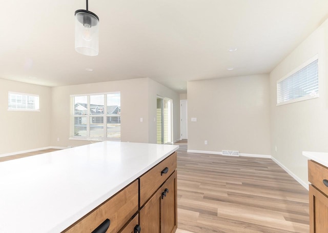 kitchen with pendant lighting and light hardwood / wood-style flooring