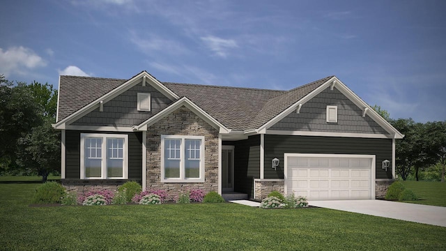 craftsman inspired home with a garage and a front lawn