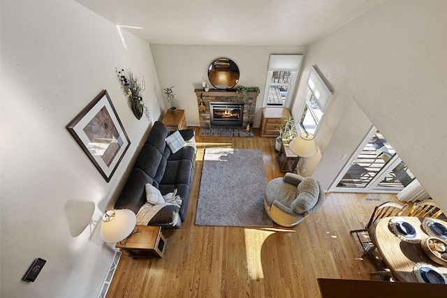 living room with a fireplace and hardwood / wood-style flooring