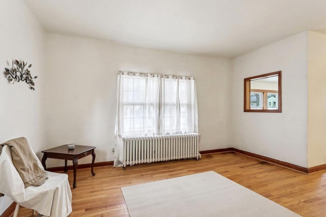 living area with radiator heating unit and light hardwood / wood-style flooring