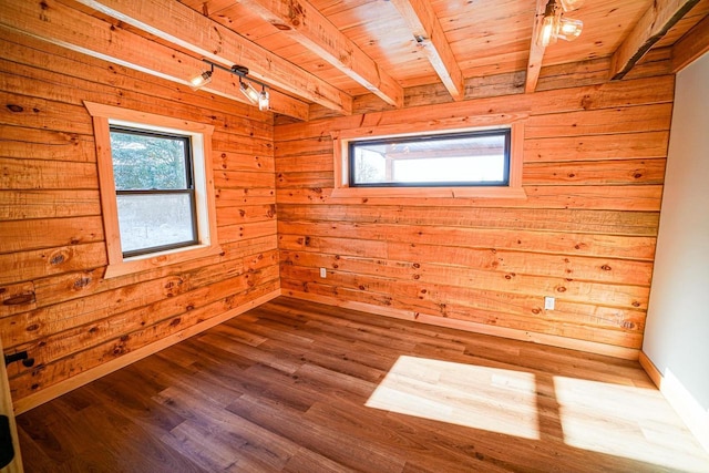 spare room featuring beam ceiling, hardwood / wood-style floors, wooden walls, and wooden ceiling