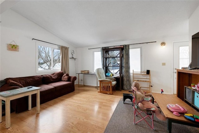 living room with light wood-type flooring and vaulted ceiling